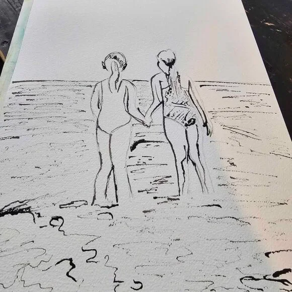 Watercolor Painting of Friends at the Beach wall art handpainted original 12x16